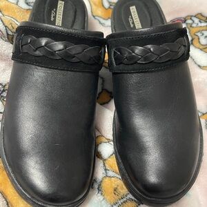 Clarks Black Leather Mules with Braided Detail